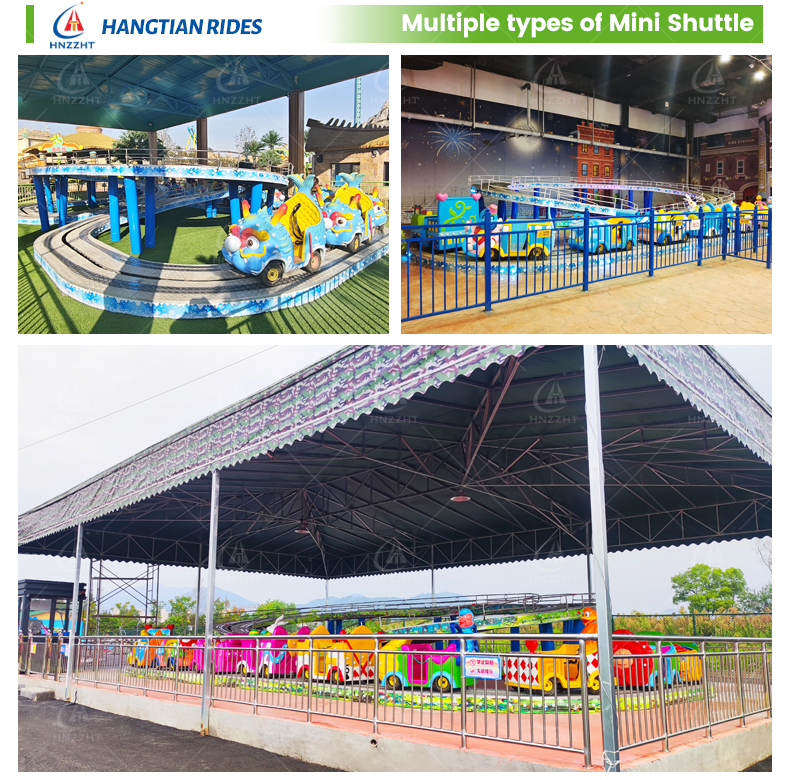 I. Equipment Introduction Mini Shuttle Roller Coaster is a small and compact roller coaster amusement ride, designed for children and parent-child groups, featuring “gentle excitement, easy operation and strong interactivity”. Different from large-scale roller coasters, it adopts a short and compact track design, with no excessive steep slopes or sharp turns, focusing on safe and interesting riding experience. With mini shuttle-shaped carriages and a closed circular track as the core, the equipment realizes multi-dimensional linkage of track sliding, slow lifting and gentle turning during operation, cooperating with lovely lighting and dynamic music to create a joyful and immersive playing atmosphere, which is deeply loved by children aged 3-12 and their parents. Key Specifications: The track length is about 25-35 meters, covering an area of 15m×8m (including safety railings), with a power of 5.5kW and a voltage of 380V/220V. Passenger Capacity: 8-12 seats (4-6 groups of mini carriages, 2 people per group). Movement Modes: Slow lifting (height up to 3-4 meters) + gentle sliding + circular shuttle, simulating the feeling of flying through the air, bringing children a mild sense of speed and weightlessness without excessive stimulation, which is a classic parent-child interaction project suitable for small and medium-sized amusement venues. II. Product Material Details – Track & Main Structure: The track is made of national standard Q235B carbon steel, processed by laser cutting, bending and high-precision welding, with smooth surface and no burrs. All welding seams have passed flaw detection, with high tensile strength and load-bearing capacity, which can stably bear the weight of carriages and passengers. The main support frame is made of thickened seamless steel pipe (≥8mm), and the surface is treated with hot-dip galvanizing + electrostatic spraying for double anti-corrosion, which has excellent weather resistance, rust resistance and UV resistance, and can maintain stable performance for more than 12 years in outdoor environments. – Mini Shuttle Carriages: The carriages are made of high-strength FRP (Fiberglass Reinforced Plastic) with a shell thickness of ≥5mm, which is non-toxic, environmentally friendly, impact-resistant and anti-aging, complying with international children’s product safety standards. The surface of the carriage adopts automotive-grade high-temperature baking paint, with bright and lovely colors (pink, blue, yellow, green), which is not easy to fade even for long-term outdoor use. The interior is equipped with soft and comfortable seats, safety handrails and adjustable safety belts, and all corners are designed with rounded arcs to effectively prevent collision and injury during sliding. – Transmission & Safety Components: The transmission system is equipped with first-line brand low-noise motors and gearboxes, which operate stably, with smooth start-stop and adjustable speed, ensuring that the carriage slides gently and stably. All connecting parts adopt Grade 8.8 high-strength galvanized bolts matched with nylon lock nuts, which are firm and reliable, and can effectively prevent loosening during operation. Each carriage is equipped with a double safety lock and a safety belt with adjustable tightness, which can firmly fix children and adults, ensuring absolute safety during riding. – Electrical & Auxiliary Materials: The entire electrical system adopts waterproof, dustproof and leakage-proof design, and all wires use flame-retardant cables to eliminate potential electrical hazards such as short circuits and leakage, adapting to outdoor rain and high-temperature environments. The control system adopts an intelligent console with simple operation, which can real-time monitor the operation status of the equipment and realize one-key start-stop and emergency shutdown. Auxiliary materials such as track lubricants adopt environmental protection and wear-resistant products, reducing later maintenance costs. III. Design & Shape (Cute and Compact, Child-Friendly) The design of Mini Shuttle Roller Coaster is centered on children’s aesthetic preferences, adhering to the concept of “cute, compact and safe”, integrating childlike elements and modern amusement design, which is small in size, beautiful in shape and highly compatible with various small and medium-sized venues. The specific design details are as follows: – Overall Shape: It adopts a compact circular track design, with a simple and smooth track line, no excessive space occupation, and easy to install and layout. The mini shuttle carriages are designed in a cartoon shuttle shape, with round lines and lovely appearance, which is in line with children’s aesthetic habits. The track support frame is simple and elegant, and the color matches the carriages, forming a unified and beautiful overall effect. – Color System: The main colors are bright and lovely macaron colors, such as pink, sky blue, lemon yellow and mint green, which are bright and not dazzling, catering to children’s color preferences. The track is mainly white or light gray, which contrasts with the colorful carriages, making the equipment more eye-catching and easy to attract children’s attention at first sight. – Theme Integration: It supports personalized theme customization, and can be designed into cartoon animal themes (such as rabbit, bear, dolphin), space shuttle themes, etc., according to the positioning of the venue. The surface of the carriages and track can be painted with cartoon patterns, which enhances the childlike fun and makes the equipment more in line with the theme tone of parent-child parks and children’s playgrounds. IV. Lighting & Sound Effects (Warm and Interesting, Immersive Experience) – Lighting System:             – Mini Shuttle Carriages: Each carriage is equipped with RGB full-color LED light strips, which are installed around the carriage body and can present gradient, flashing and breathing light effects. The light color can be adjusted according to the scene, creating a warm and interesting atmosphere, especially suitable for night operation.   – Track & Support Frame: The track edge and support frame are equipped with warm white LED light strips, which not only play a lighting role at night, but also outline the shape of the track, making the equipment more beautiful and ensuring the safety of tourists.   – Control Area: The control console is equipped with a small colored light group, which is linked with the operation status of the equipment, and the light changes with the start, stop and sliding of the equipment, enhancing the interactivity and fun. – Sound System: Equipped with professional children-friendly high-fidelity audio, built-in cheerful children’s songs, light music and cartoon sound effects, with adjustable volume and clear sound quality, which will not cause noise interference. The sound effect is synchronously linked with the operation of the equipment. When the carriage slides up, the music becomes cheerful; when it slides down gently, the music becomes soft, creating an immersive playing experience for children. V. Suitable Scenarios With its compact size, low stimulation, high safety and strong childlike fun, Mini Shuttle Roller Coaster is widely applicable to small and medium-sized amusement venues, focusing on parent-child groups, and can be used as a core project or supporting project to attract customers. The specific suitable scenarios are as follows: – Children’s Playgrounds & Parent-Child Parks: As a core parent-child interaction project, it is especially suitable for children aged 3-12. It can enrich the types of amusement projects in the venue, attract parent-child families, and become a popular check-in point for children. – Commercial Complexes & Indoor Play Areas: Suitable for indoor and outdoor areas of large shopping malls, supermarkets and commercial plazas. It covers a small area, does not require complex foundation construction, and can be installed quickly. It is a powerful tool for attracting customers during holidays, driving the flow of people in commercial places. – Community Playgrounds & Kindergartens: Suitable for large community playgrounds, kindergartens and children’s activity centers. It is safe and gentle, allowing children to play at ease, enriching children’s leisure and entertainment life, and improving the supporting functions of the venue. – Temporary Amusement Activities: Adopting a modular design, it can be quickly disassembled, transported and installed, suitable for temple fairs, carnivals, children’s festivals and other temporary activities. It can be put into use quickly without complex venue transformation, meeting the temporary amusement needs of children. – Overseas Scenarios: Strictly in line with Chinese and European quality standards, it can provide CE, TüVRheinland and other relevant certifications, suitable for export to Japan, South Korea, Southeast Asia, Europe, the United States and other regions, adapting to local children’s playgrounds, parent-child centers and small theme parks, and meeting the needs of the overseas children’s amusement market. VI. Quality Assurance (Safe, Compliant, Durable and Reliable) We always put the safety of children first, and establish a full-process quality control system from R&D, production to delivery, strictly following international and domestic safety standards, ensuring that each set of Mini Shuttle Roller Coaster is safe, compliant and durable. The specific guarantee measures are as follows: – Qualification Compliance: We hold the Special Equipment Production License, and the products are designed and produced in strict accordance with TSG71 “Safety Technical Regulations for Large-Scale Amusement Facilities” and ISO9001 quality management system. We provide complete type test reports, factory qualification certificates and a full set of quality inspection data, which can smoothly pass the annual inspection and licensing of local market supervision departments, ensuring the legal and compliant operation of the equipment. – Full-Process Quality Control: Strict incoming inspection of raw materials (steel, FRP, electrical components, safety belts) → three rounds of inspections during the production process (welding inspection, material inspection, assembly inspection) → full-item tests (more than 25 items) such as no-load operation, full-load operation, emergency braking and safety performance test before leaving the factory. All equipment must pass the safety test before leaving the factory to ensure stable and safe operation. – Child Safety Protection: Equipped with multiple safety protection systems, including emergency braking button, speed limit device, safety lock, anti-derailment device and leakage protection, which can effectively respond to various emergencies during operation. The track is equipped with a buffer device to ensure that the carriage stops smoothly and avoid collision. At the same time, the equipment is marked with clear safety prompts to remind parents and children to use it correctly. VII. After-Sales Guarantee (One-Stop Service, Worry-Free Operation) We provide comprehensive one-stop after-sales guarantee services, focusing on solving the worries of customers in installation, maintenance and operation, with professional and efficient service to ensure the smooth operation of the equipment. The specific after-sales content is as follows: – Installation & Commissioning: Provide global on-site installation and commissioning services, including venue measurement, foundation guidance, equipment installation and debugging. The professional installation team has rich experience in installing small amusement equipment, and can complete the installation quickly according to the venue situation. After installation, we will provide training on equipment operation, daily maintenance and emergency handling, and provide Chinese and English manuals and installation videos. – Warranty Period: 3-year warranty for the whole machine, 5-year warranty for core components (motor, gearbox, electrical system), and lifelong maintenance at cost price. During the warranty period, if there is a non-human fault, we will provide free maintenance and replacement of damaged components without any maintenance fees, and provide free technical support. – Quick Response: 24-hour after-sales hotline, technical docking within 2 hours, and on-site maintenance within 48 hours (except for remote areas). For common faults, we can provide remote technical guidance to solve them quickly, reducing equipment downtime. – Accessory Supply: We have a complete original accessory warehouse with sufficient stock of core accessories and wearing parts (such as safety belts, light strips, lubricants). Accessories can be delivered within 48 hours, and the first set of wearing parts is given free of charge to ensure the normal operation of the equipment. – Value-Added Services: Provide free venue survey, layout planning and theme customization services, according to the customer’s venue size and positioning, recommend suitable equipment models and installation schemes. We can also provide equipment upgrading services (such as lighting upgrade, sound effect upgrade) to help customers improve the attractiveness of the equipment. Mini Shuttle Roller Coaster Amusement Rides, with its cute design, safe performance, compact size and perfect after-sales service, has become the preferred parent-child amusement project for small and medium-sized amusement venues. It can not only bring happy playing experience to children, but also bring stable benefits to operators. We are committed to providing customers with cost-effective products and professional services, helping customers achieve long-term development in the children’s amusement industry.