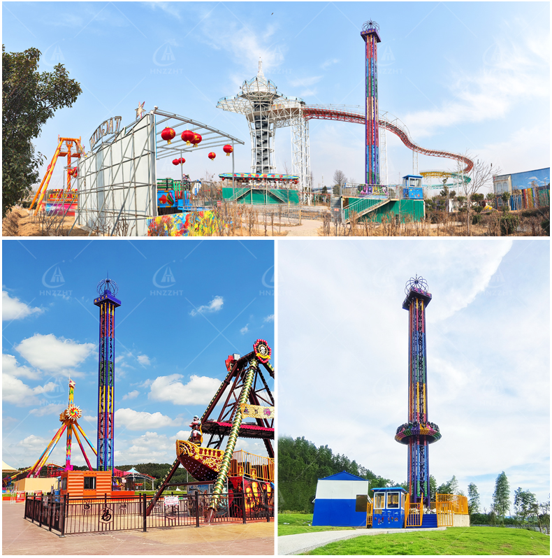 Drop tower ride with guests at an amusement park ready for the next cycle