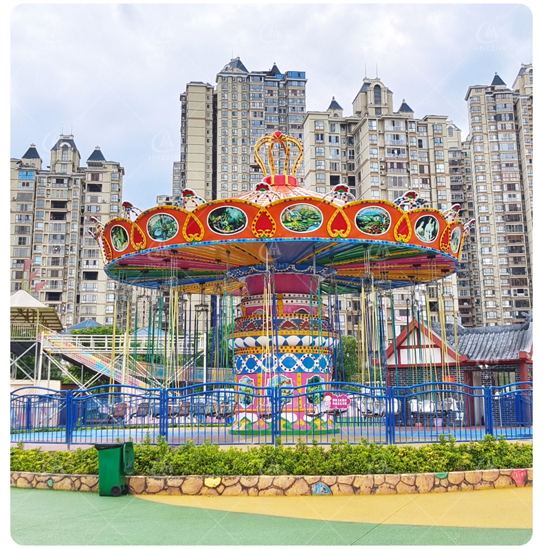 Completed flying chair ride attracting guests in a park