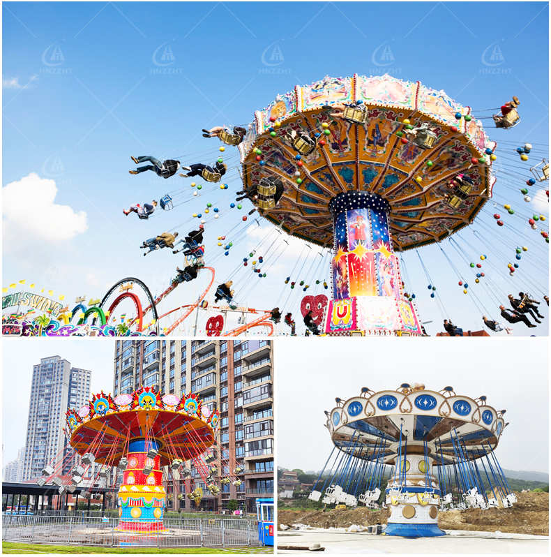 Flying chair ride installed and operating at an amusement park