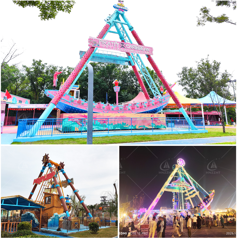 Swinging ship ride operating during the evening in an amusement park