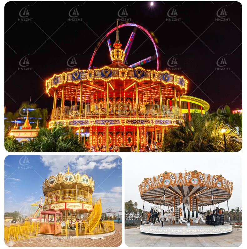 Carousel ride with painted horses and illuminated canopy